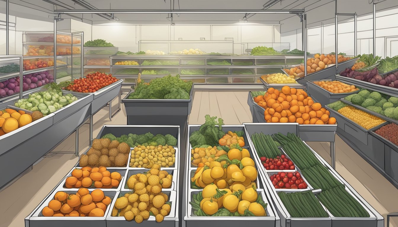 Freshly harvested fruits and vegetables laid out on trays for drying, while others are packed in containers and stored in a freezer