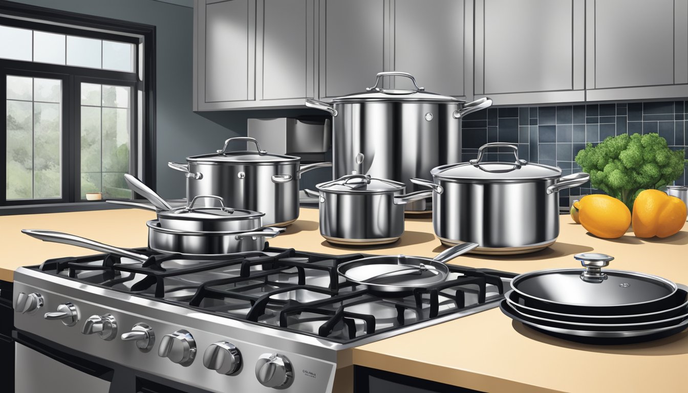 A sleek, stainless steel cookware set sits on a granite countertop next to a row of modern kitchen appliances in a bustling Texas home