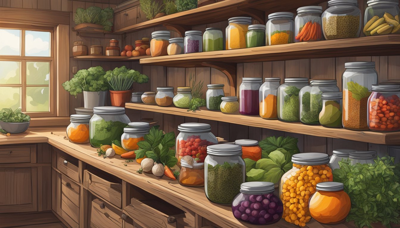 Herbs and spices scattered around freshly harvested produce in a rustic Texas kitchen, with jars of preserved fruits and vegetables lining the shelves