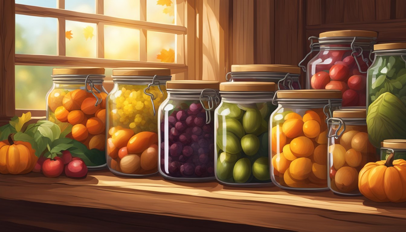 A rustic wooden shelf filled with jars of preserved fruits and vegetables, surrounded by colorful fall foliage and warm sunlight streaming through a window