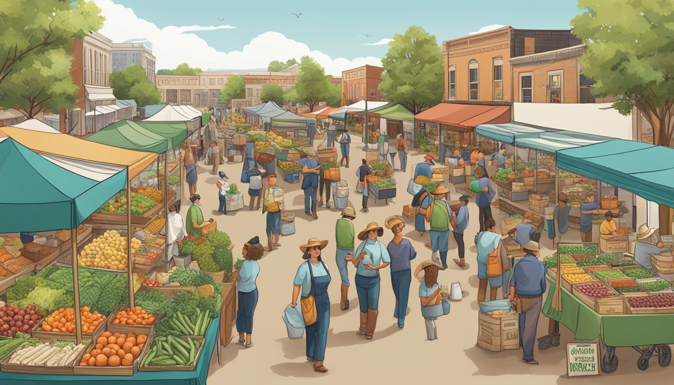 A bustling farmers' market in Texas showcases upcycled food products, with vendors and consumers discussing sustainable practices