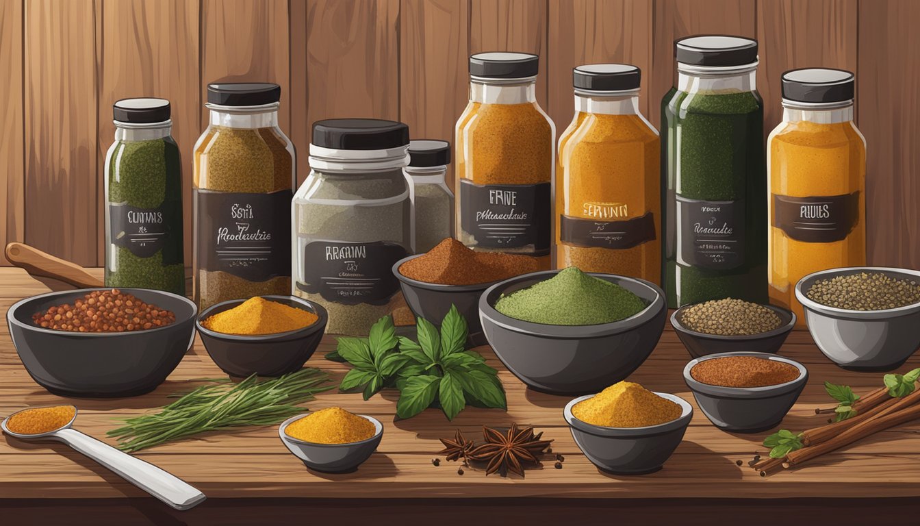 A variety of marinades and rubs are displayed on a wooden table in a rustic Texas kitchen, with ingredients like spices, herbs, and oils scattered around