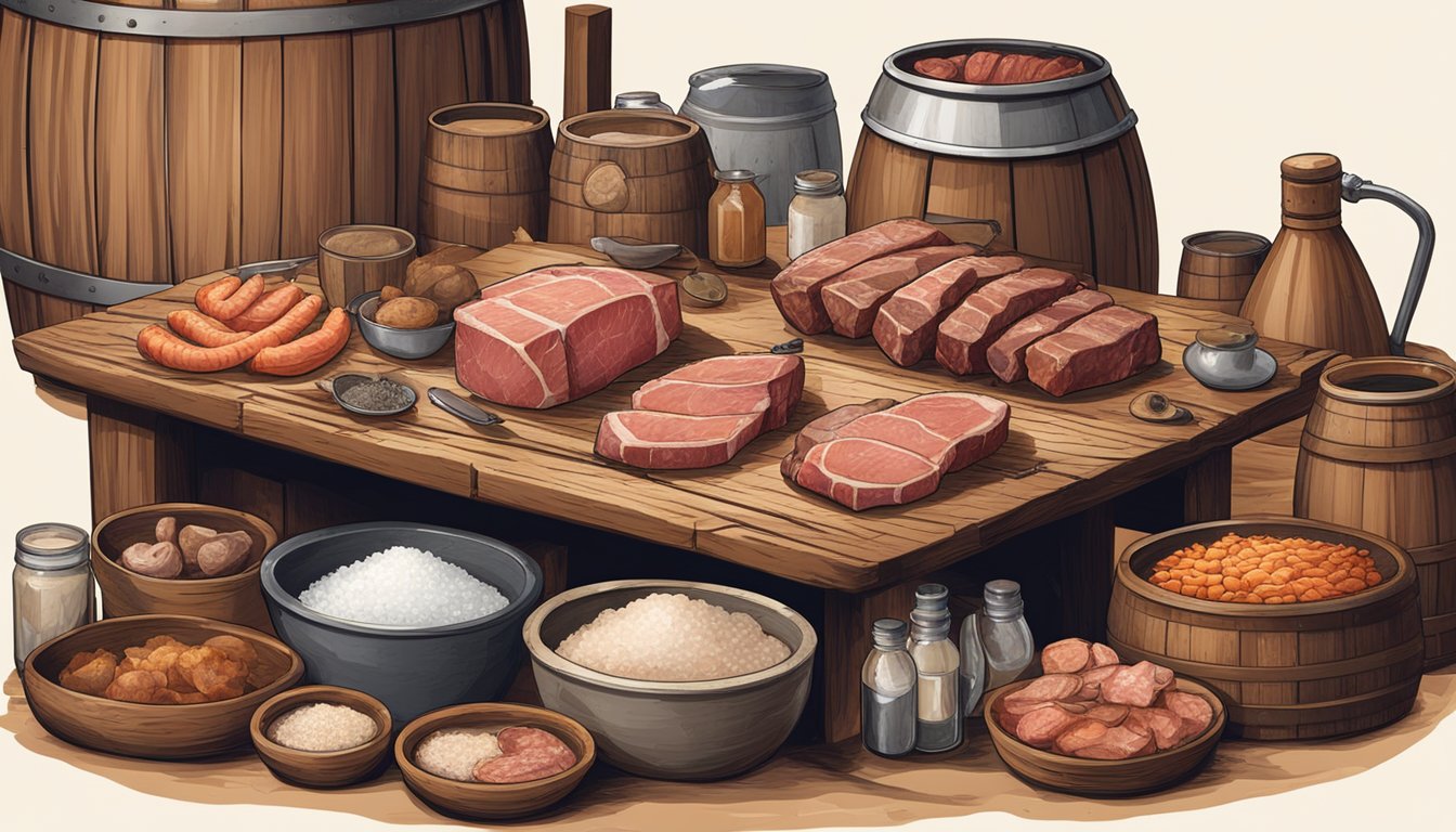 A rustic wooden table with various cuts of meat, bowls of salt, and barrels of brine, surrounded by traditional Texas curing tools and equipment