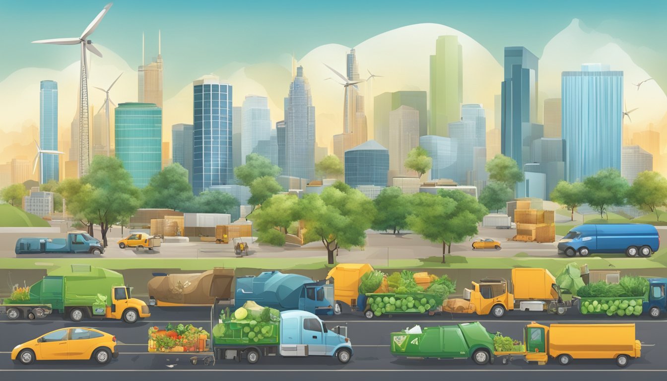 A bustling Texas city skyline with food waste being transformed into new products, surrounded by renewable energy sources and sustainable transportation