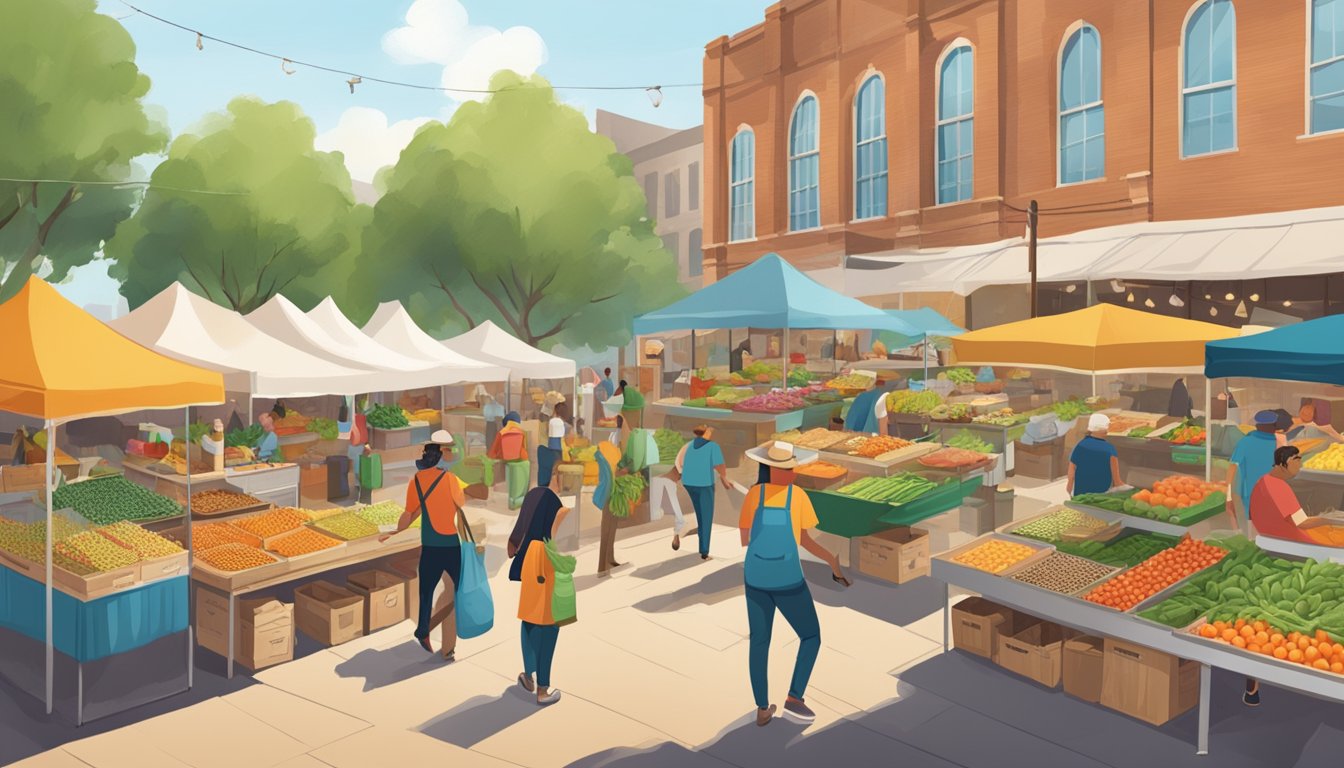 A bustling farmers market in Texas, with vendors creatively repurposing food waste into new products. The scene is filled with colorful displays and eco-friendly packaging