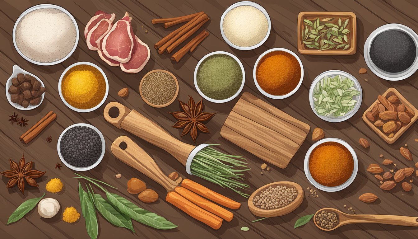 A variety of spices and flavorings are laid out on a wooden table, alongside different methods of salting meat for curing