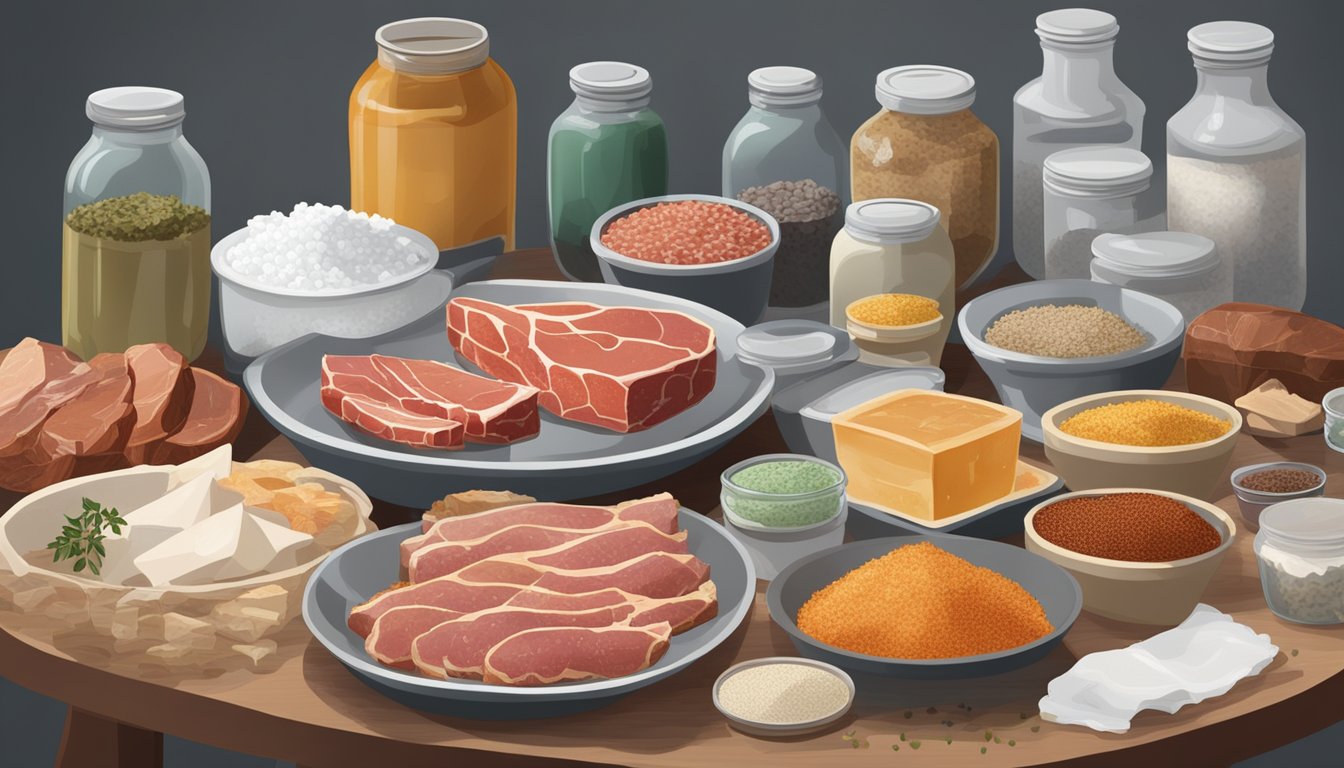 A table with various containers of curing agents and additives, alongside cuts of meat being salted using different methods in a Texas kitchen