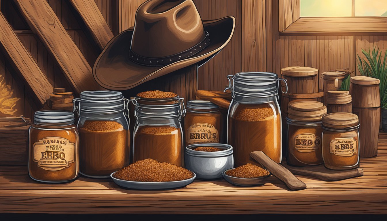 A rustic wooden table holds various jars of BBQ rubs and marinades, surrounded by Texas-themed decor. A cowboy hat hangs on the wall, adding to the Texan ambiance