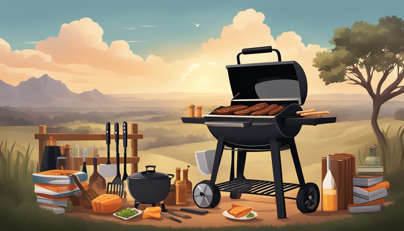 A smoky barbecue pit surrounded by grilling tools and a stack of barbecue cookbooks, set against the backdrop of a Texas landscape