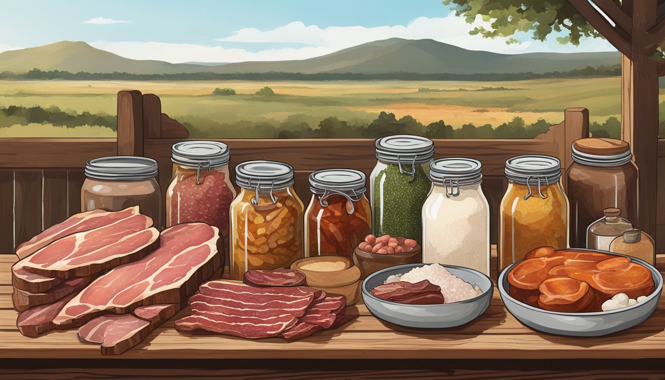 A rustic wooden table displays a variety of cured meats, surrounded by jars of different brines and salts. A Texas landscape is hinted at in the background