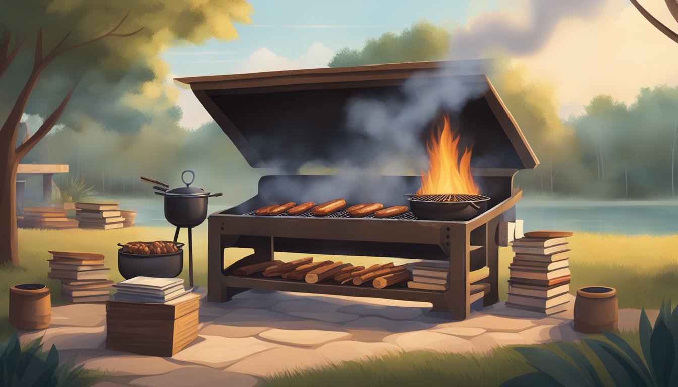 A rustic Texas barbecue pit surrounded by stacks of grilling books, with smoke rising from the fire and a serene outdoor setting