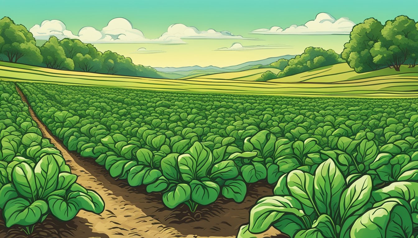 A lush field of vibrant green spinach plants growing under the warm Texas sun, surrounded by a backdrop of rolling hills and clear blue skies