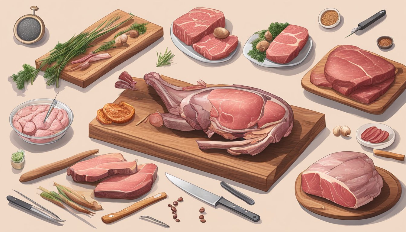 A butcher's table with various cuts of meat, a meat thermometer, and diagrams of animal anatomy