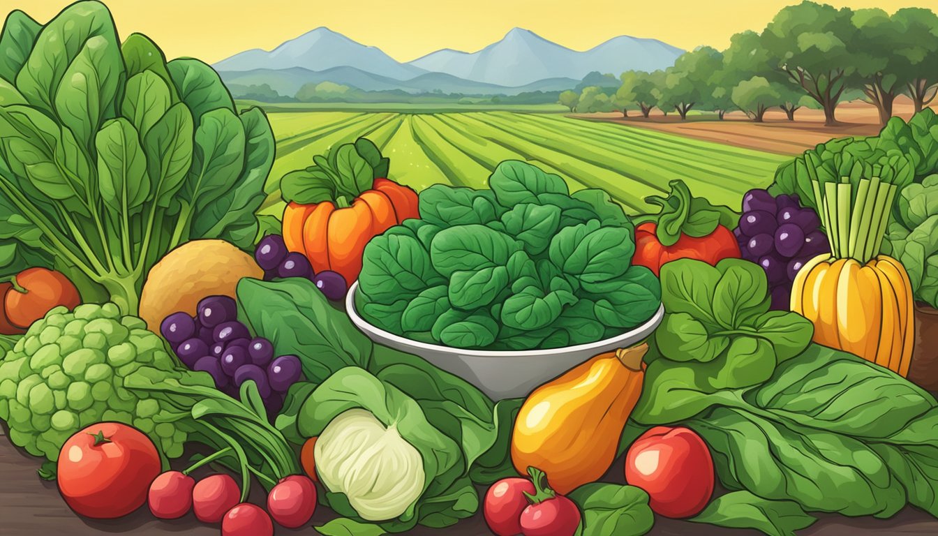 A vibrant bunch of fresh spinach leaves, surrounded by various fruits and vegetables, with a Texas landscape in the background