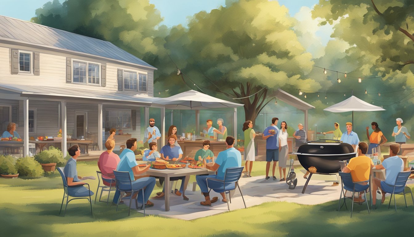 A backyard barbecue with a grill, tables, and chairs surrounded by family and friends enjoying food and drinks in a Texas setting