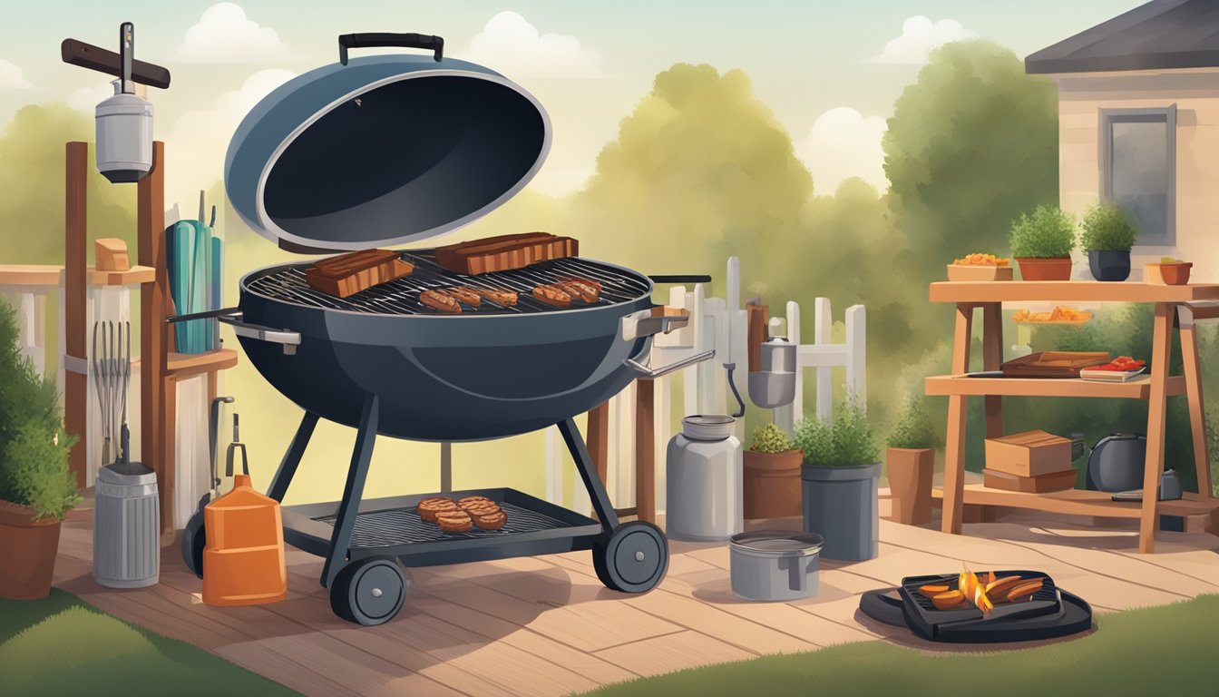 A backyard barbecue with a variety of grilling and smoking equipment, surrounded by books on mastering BBQ skills in Texas