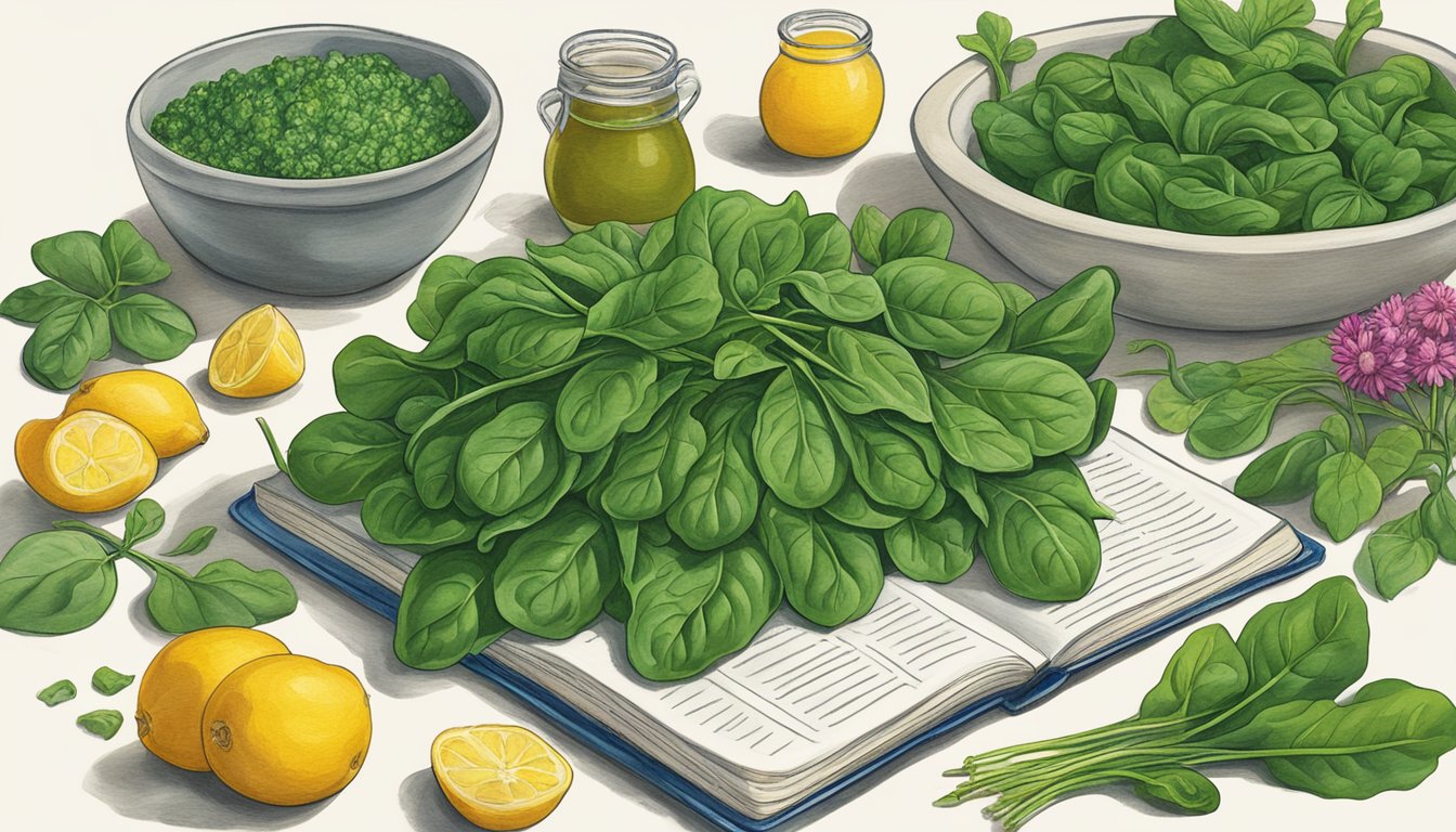 A bountiful bunch of fresh spinach, surrounded by vibrant Texas wildflowers, with a recipe book open to a page on seasonal spinach dishes