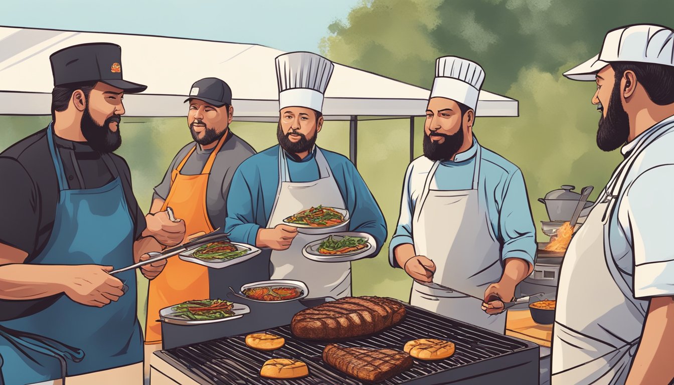 A group of expert chefs gather around a blazing grill, showcasing their skills and sharing their knowledge in a Texas backyard setting