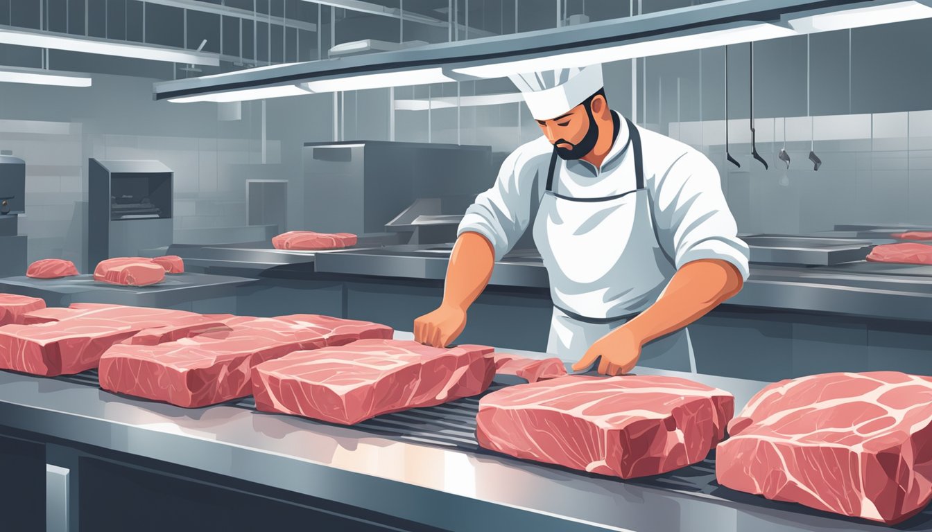 A butcher slicing a large cut of meat with various tools on a clean, stainless steel worktable in a meat processing facility