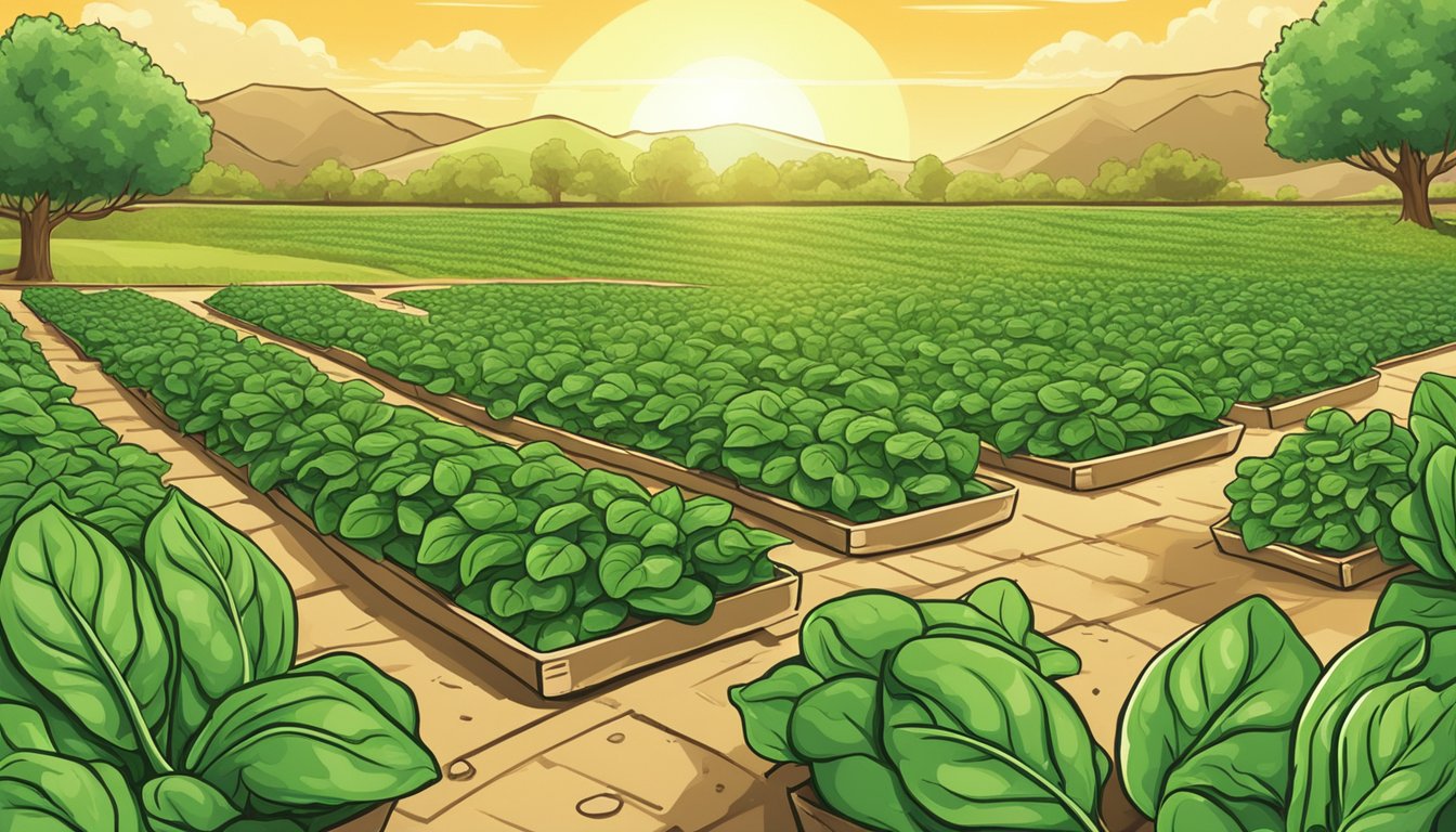 A bountiful field of fresh, vibrant spinach leaves growing in the warm Texas sun, surrounded by signs promoting health benefits and nutrition facts