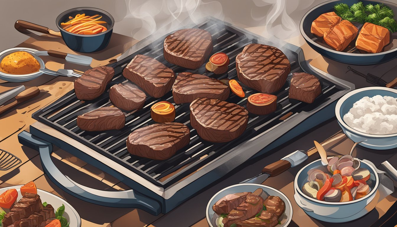 A sizzling steak on a hot grill with smoke rising, surrounded by various cuts of meat and cooking utensils