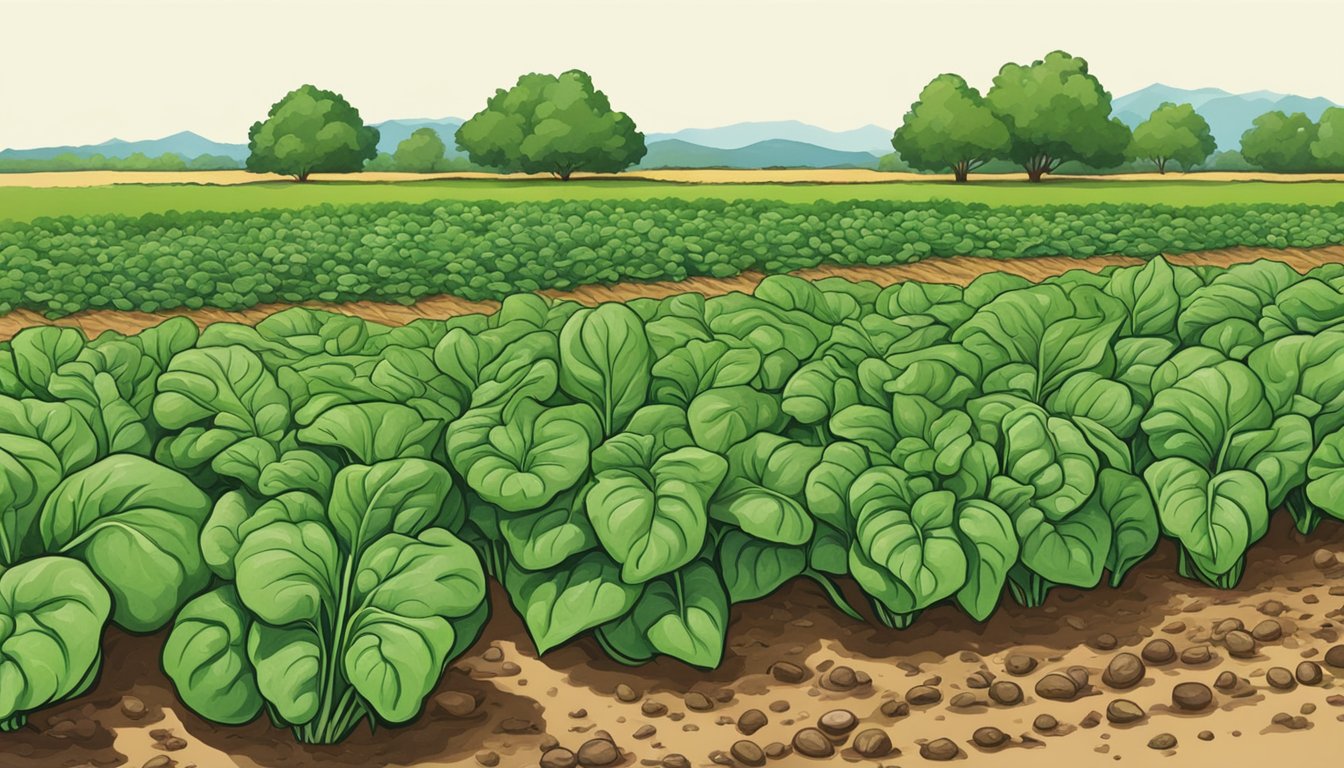 A bountiful harvest of fresh spinach in a Texas field, with vibrant green leaves and healthy, nutrient-rich soil