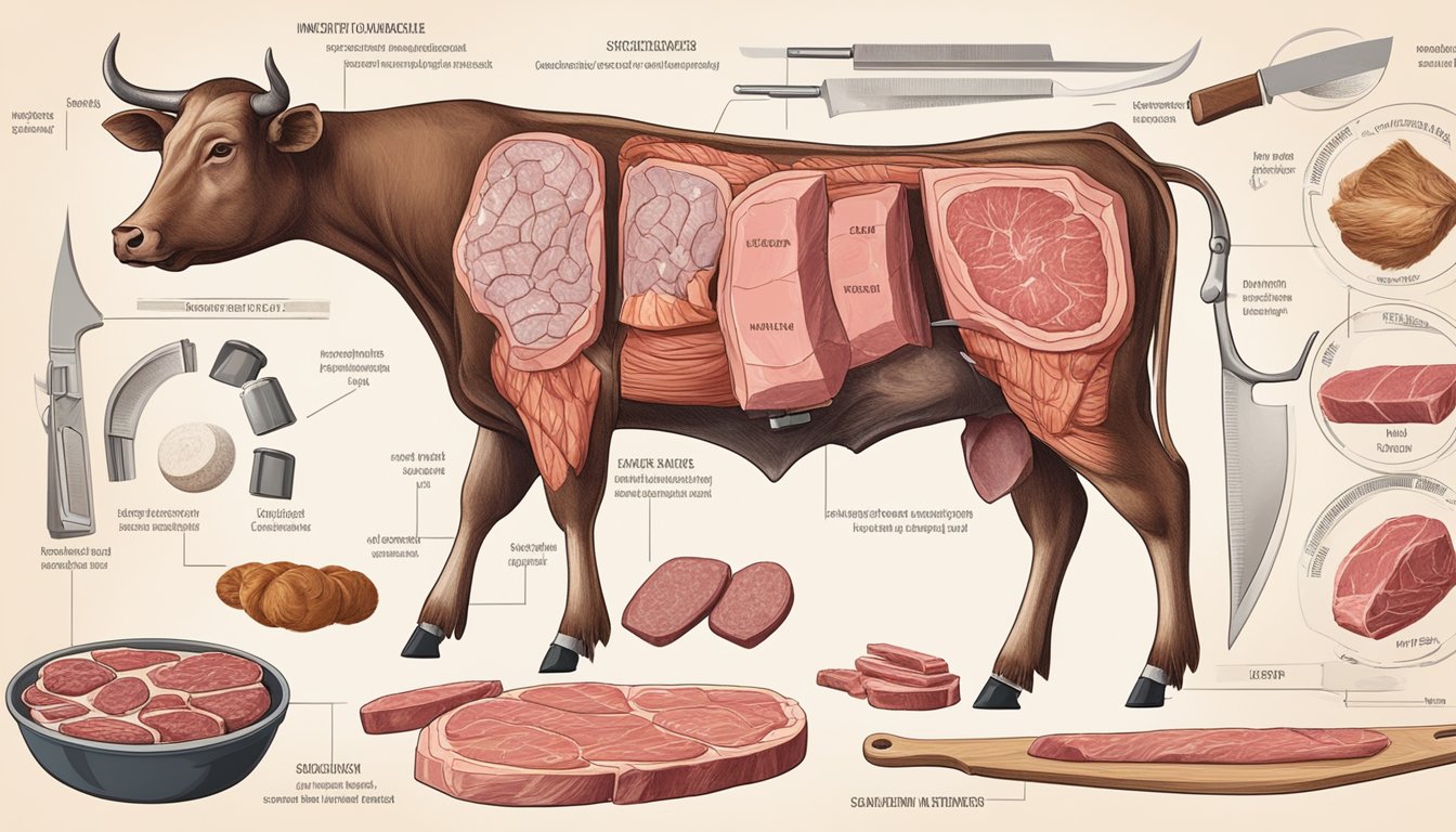 A butcher's table with various cuts of meat, labeled diagrams, and scientific instruments for meat analysis