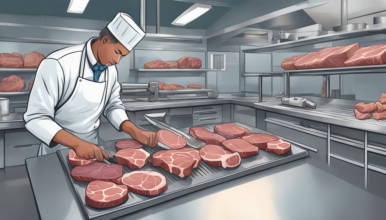 A butcher slicing various cuts of meat in a Texas meat science lab