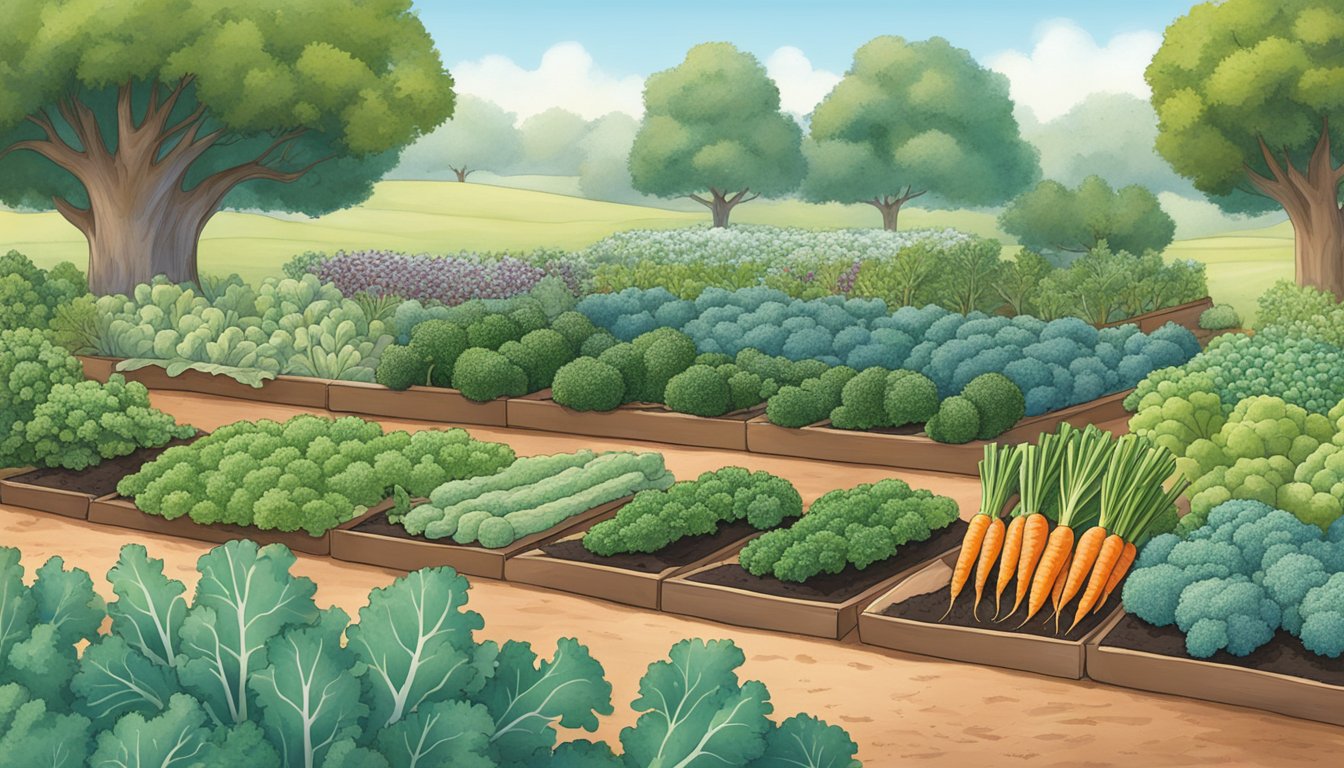 A bountiful Texas garden in winter, featuring vibrant carrots, leafy kale, and hearty broccoli amidst a backdrop of frost-kissed soil and clear blue skies