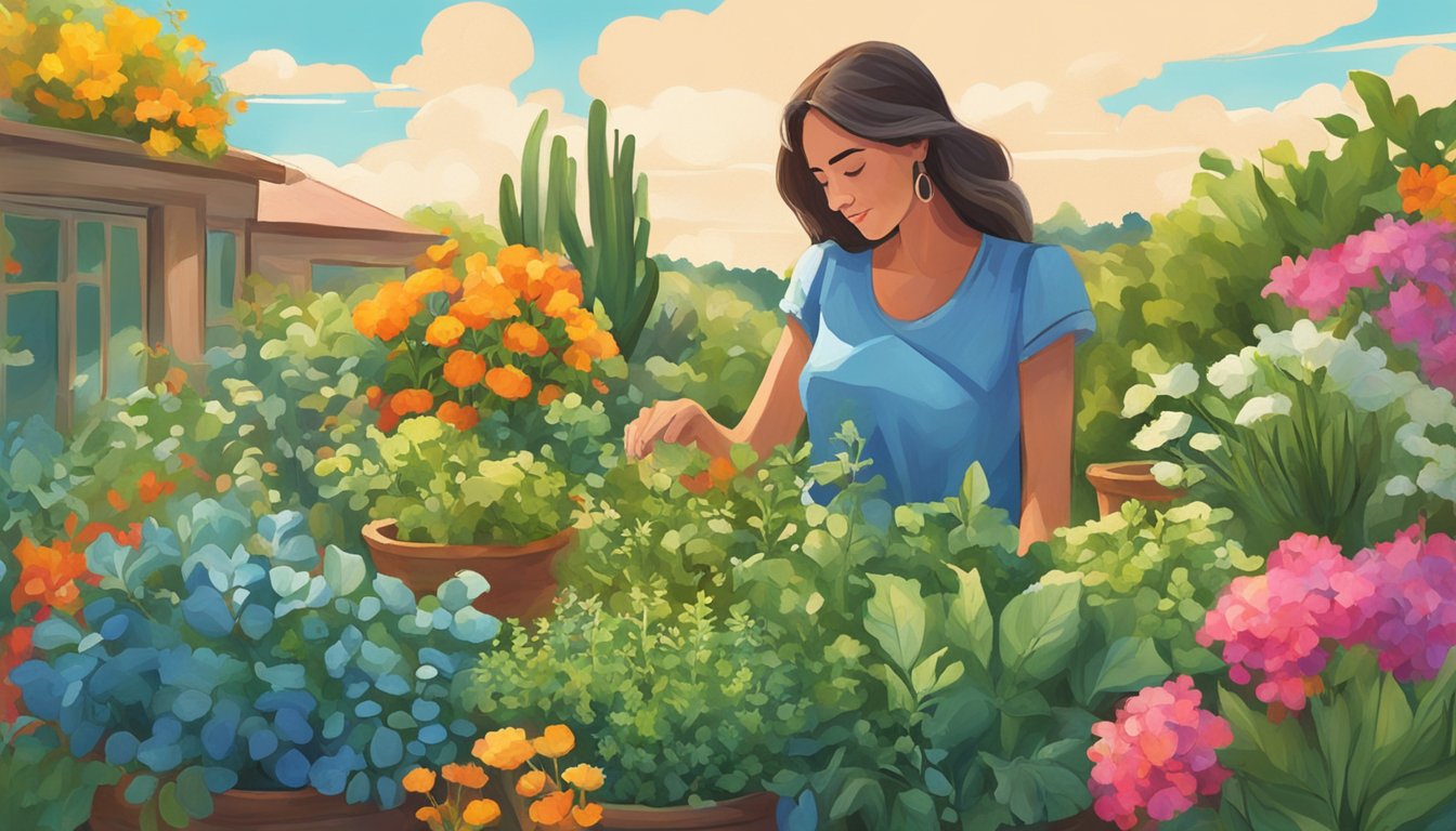 A woman gathers fresh herbs from a vibrant garden in Texas, surrounded by colorful plants and a bright blue sky