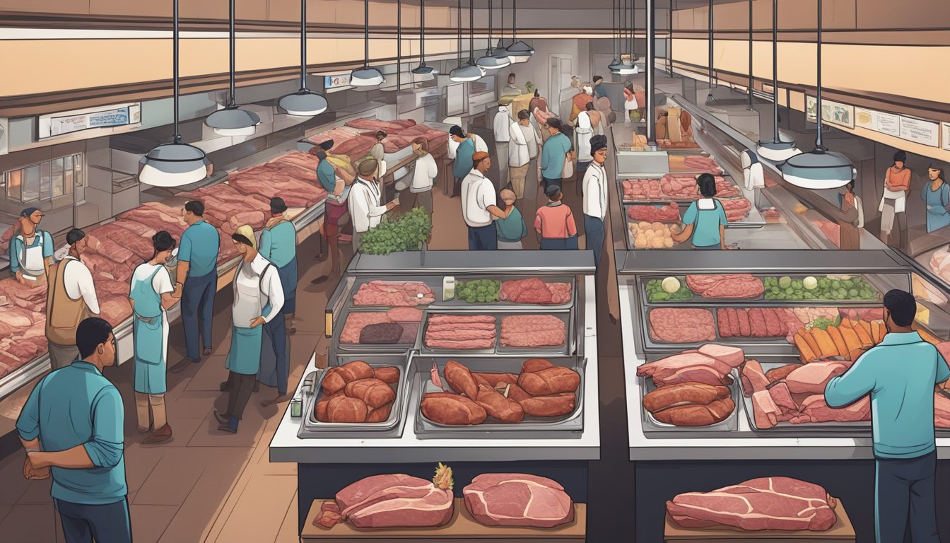 A bustling Texas meat market with various cuts on display, surrounded by eager consumers seeking to understand the science behind their meat choices