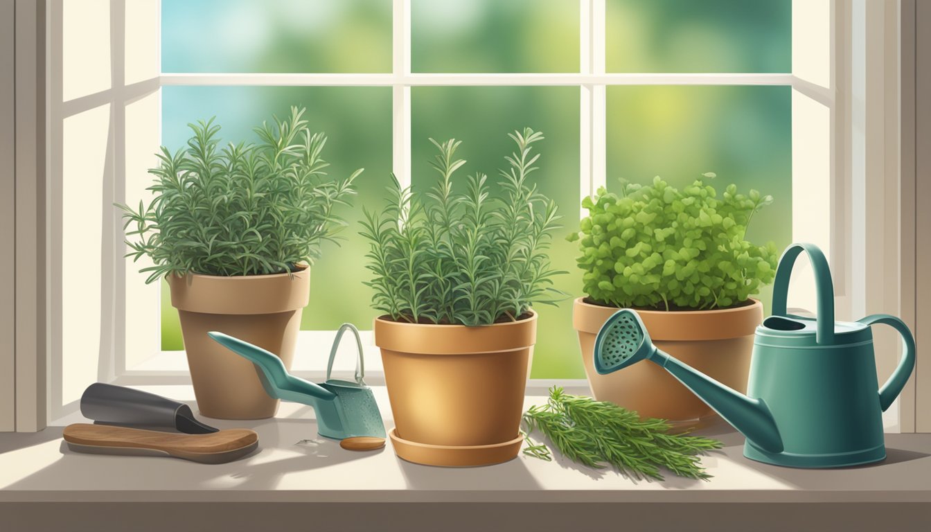 A sunny window sill with pots of rosemary, basil, and thyme, surrounded by gardening tools and watering can