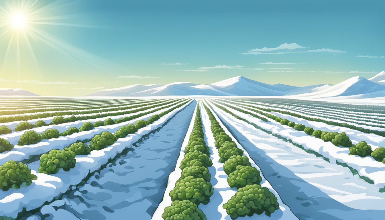 A snowy field with rows of thriving winter vegetables like kale, carrots, and broccoli under protective coverings, with a clear blue sky above