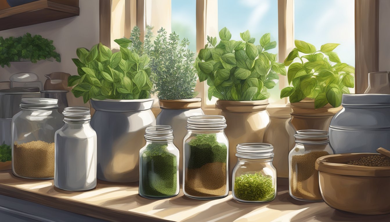 A sunlit kitchen window sill filled with potted herbs, surrounded by jars of dried herbs and a mortar and pestle