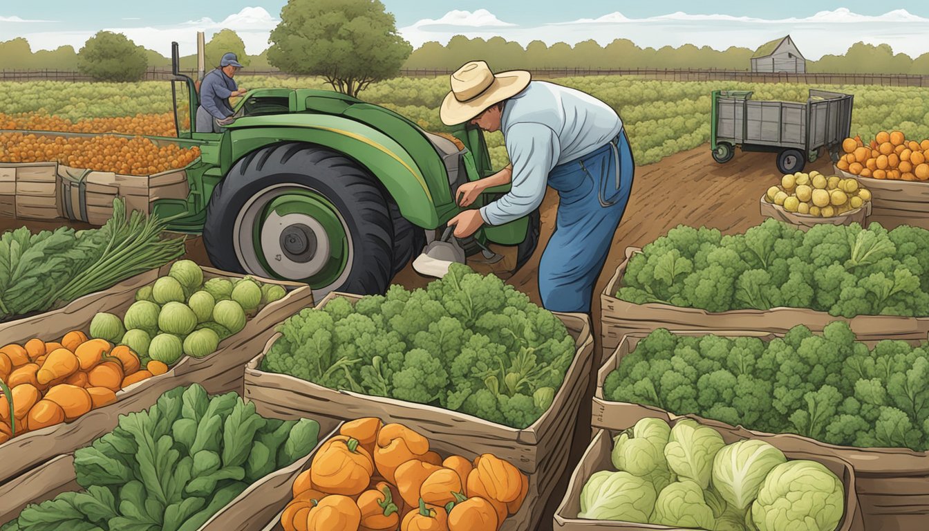 A farmer gathering and storing winter vegetables in Texas