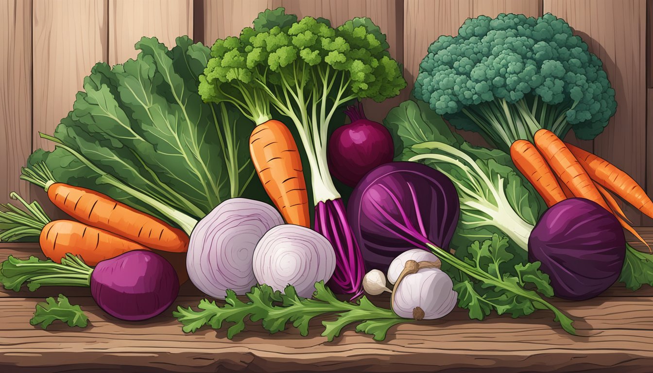 A colorful array of winter vegetables, including kale, carrots, and beets, arranged on a rustic wooden table with a backdrop of a Texas landscape