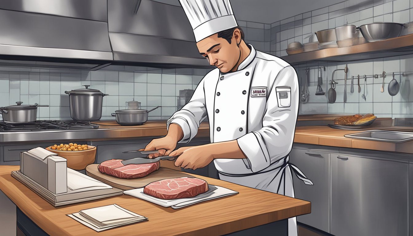 A chef in a Texas kitchen, rendering fat from a piece of meat, with a clear and comprehensive guidebook open on the counter