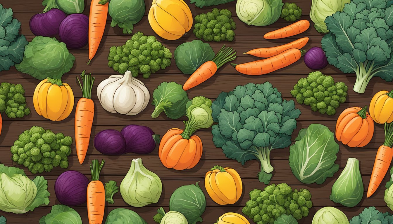 A colorful array of winter vegetables like kale, Brussels sprouts, carrots, and squash arranged on a rustic wooden table