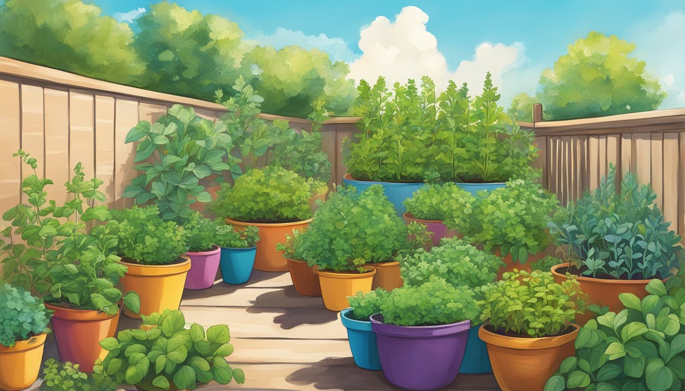 A small herb garden in Texas, with vibrant green plants in colorful pots, surrounded by sunshine and blue skies