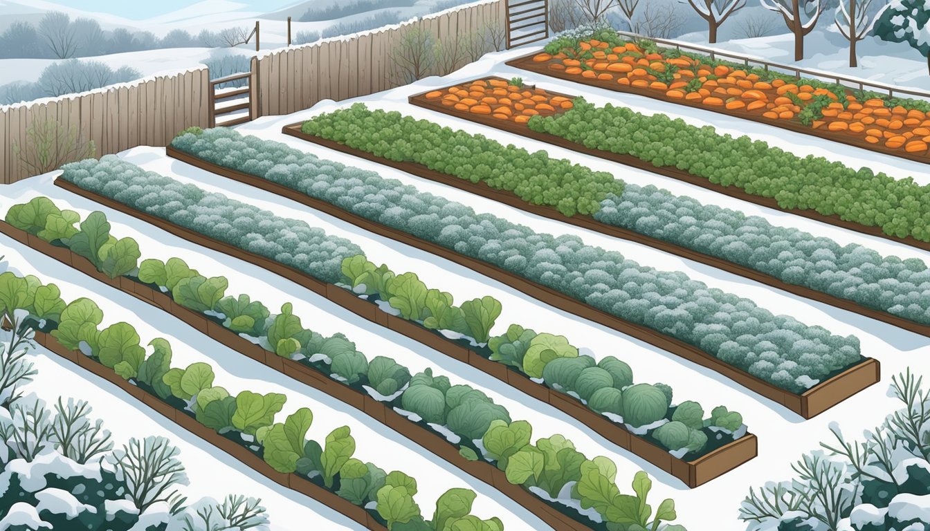 A snow-covered garden with rows of thriving winter vegetables like kale, carrots, and broccoli, surrounded by frost-resistant plants and protective mulch