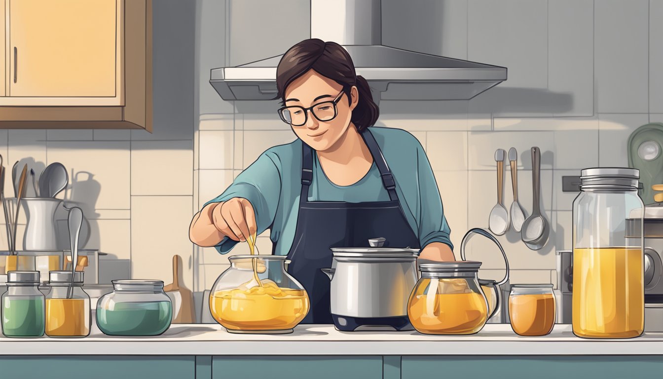 A person pouring liquid fat into a glass jar, with a pot and a spoon on a stove in the background