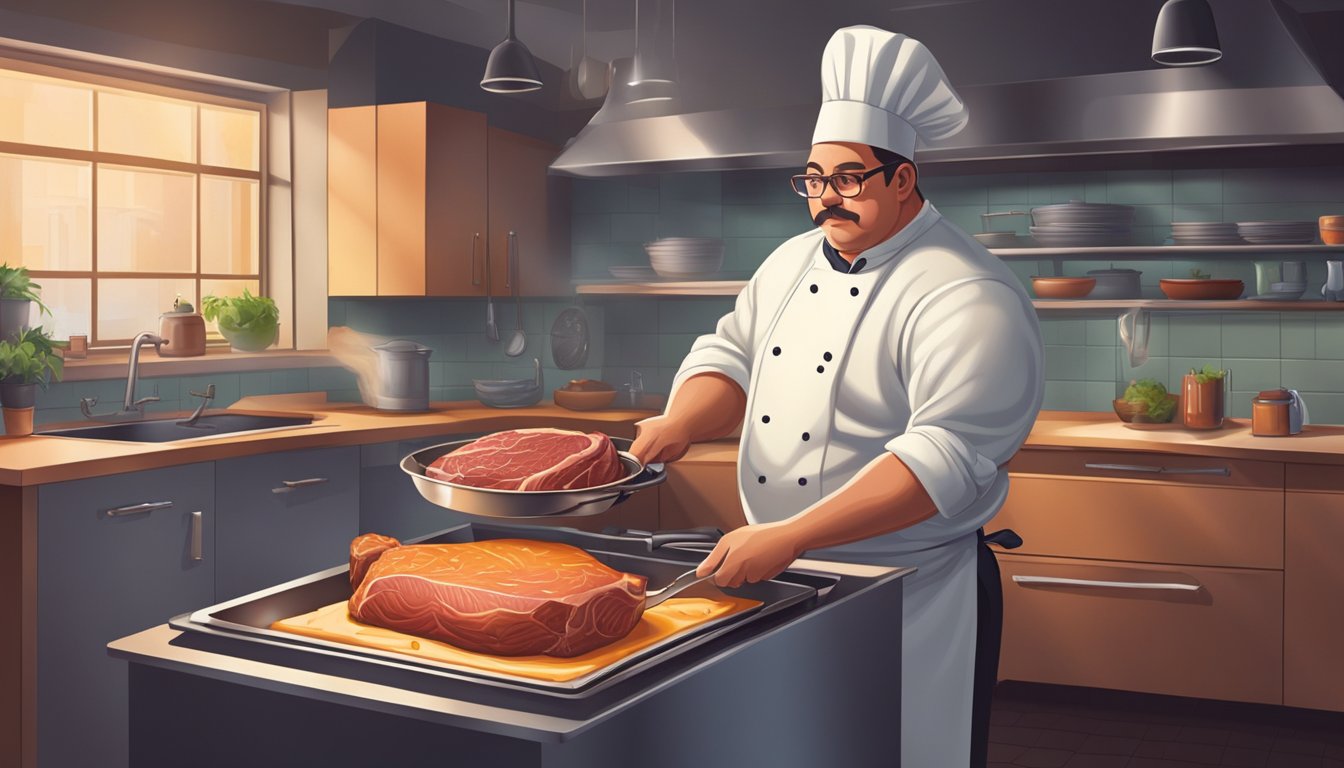 A chef in a Texas kitchen carefully renders fat from a large piece of meat, using a pan and a gentle heat source