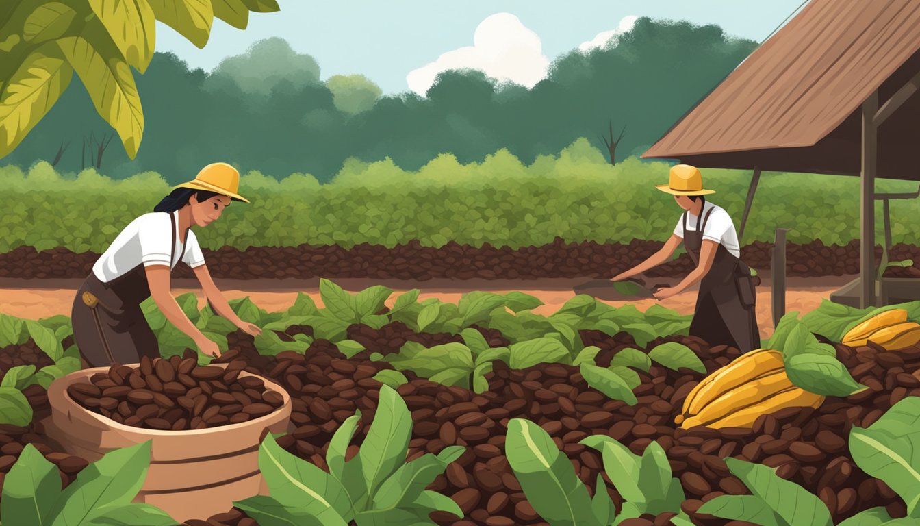 A lush Texas cacao farm with workers harvesting ripe cocoa pods, fermenting beans, and processing them into rich, dark chocolate bars