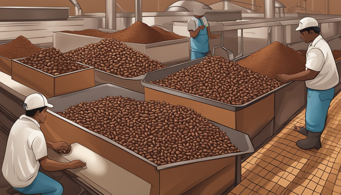 Cocoa beans being sorted, roasted, and ground in a Texas chocolate factory