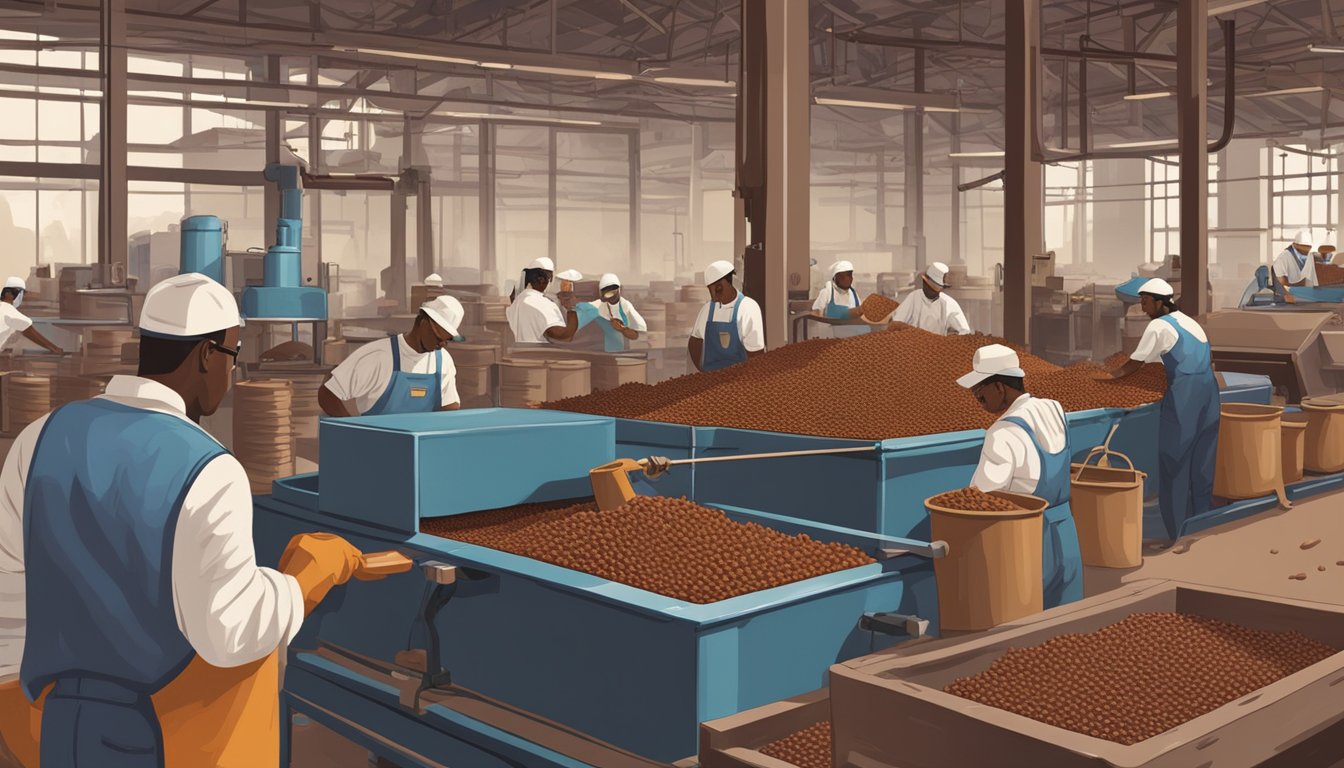 Cocoa beans being transformed into chocolate liquor in a Texas factory, with machines and workers bustling about