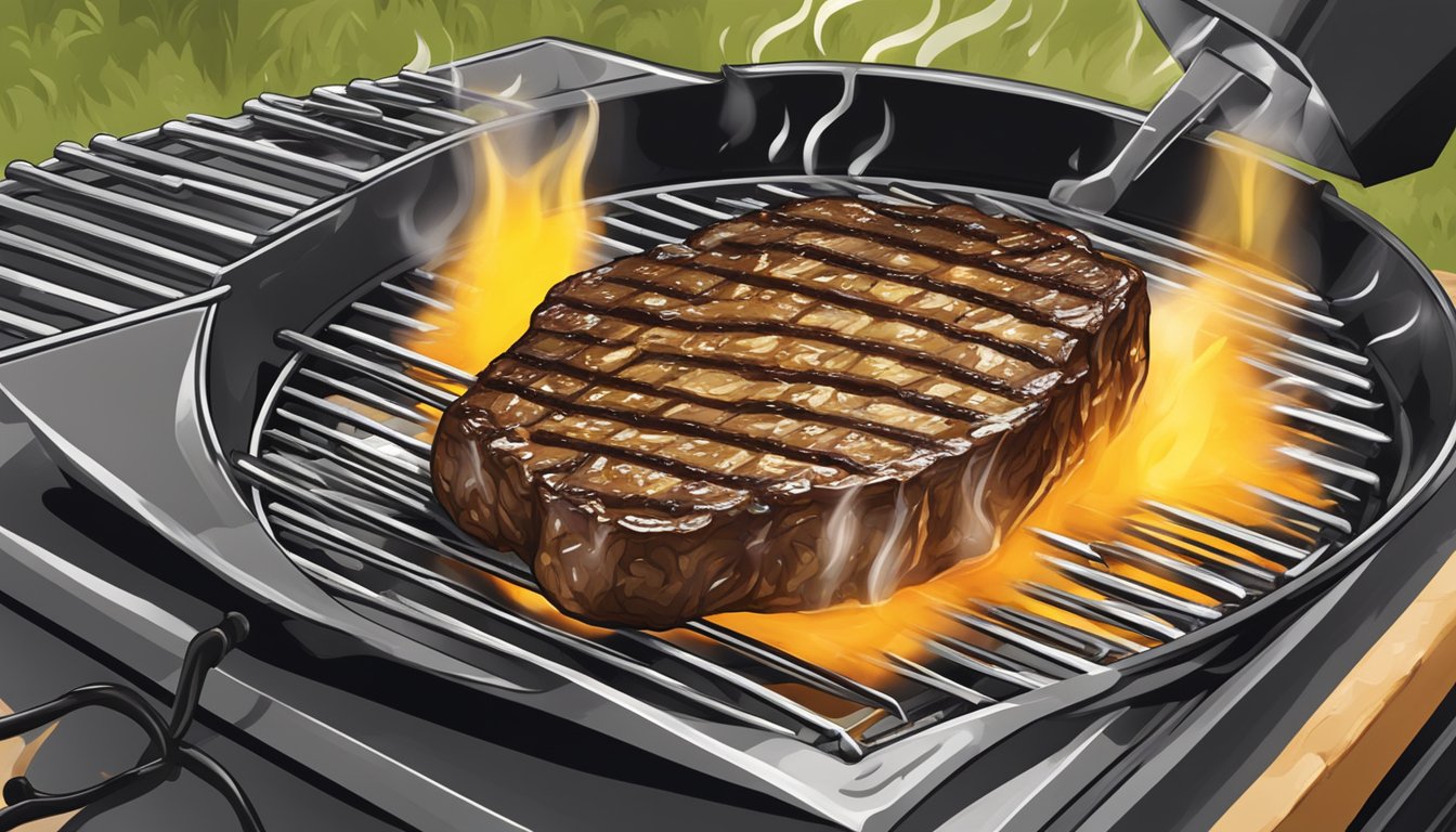 A sizzling steak on a hot grill, being basted with melted butter, creating a mouthwatering aroma in a Texas backyard