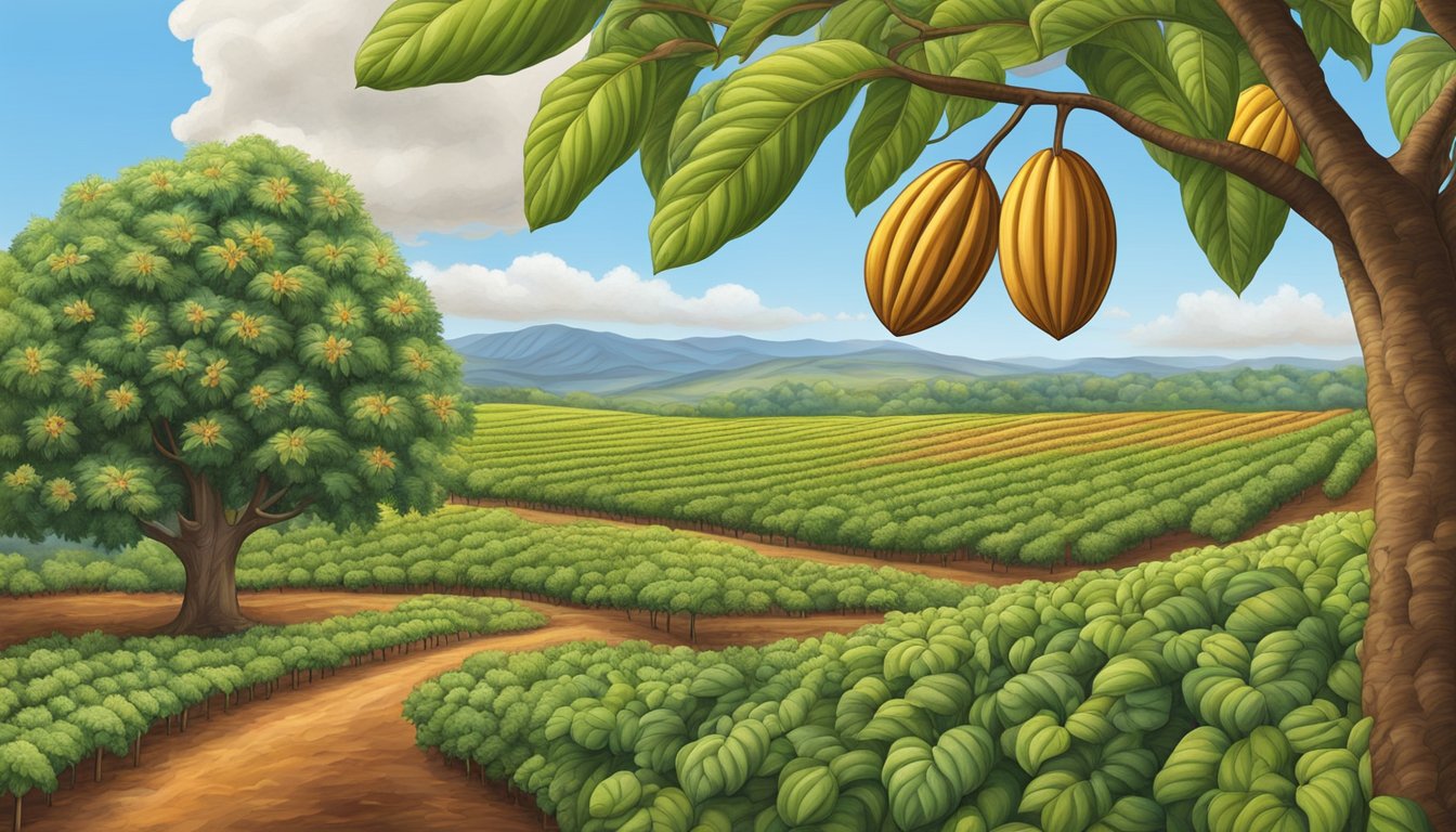 A cocoa tree with ripe pods, a small-scale chocolate factory, and a Texan landscape with rolling hills and blue skies