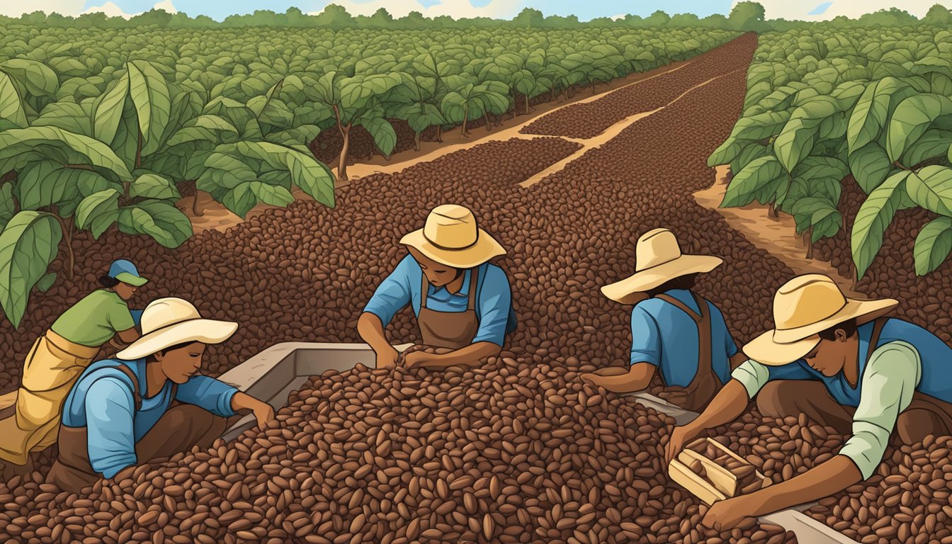 A sprawling cocoa bean farm in Texas, with workers harvesting and processing the beans into rich, aromatic chocolate bars