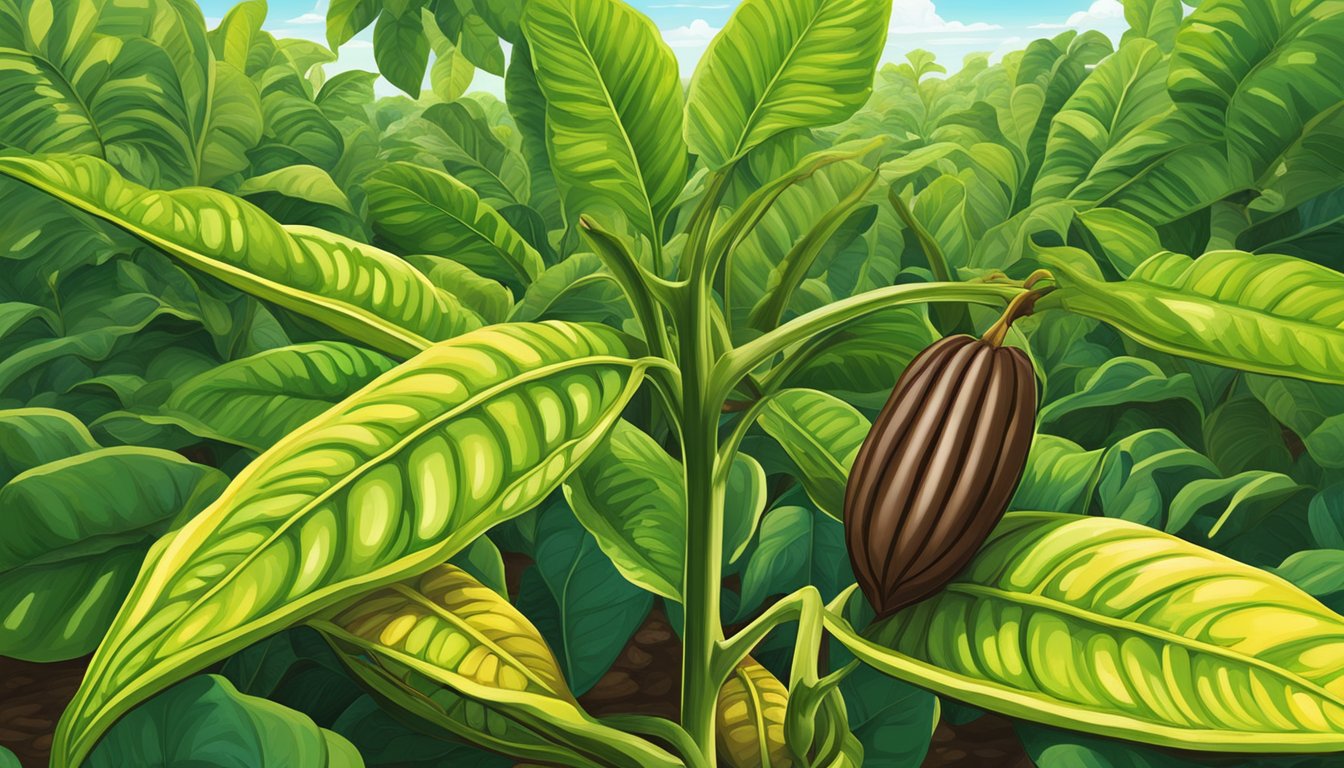 A cocoa bean plant grows in a Texas field, surrounded by other lush green plants. The sun shines down, highlighting the vibrant colors of the cocoa pods