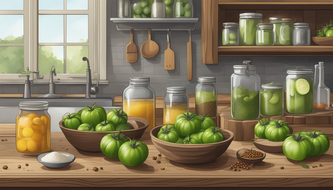 A rustic kitchen counter with a bowl of green tomatoes, vinegar, and spices, surrounded by jars and a recipe card